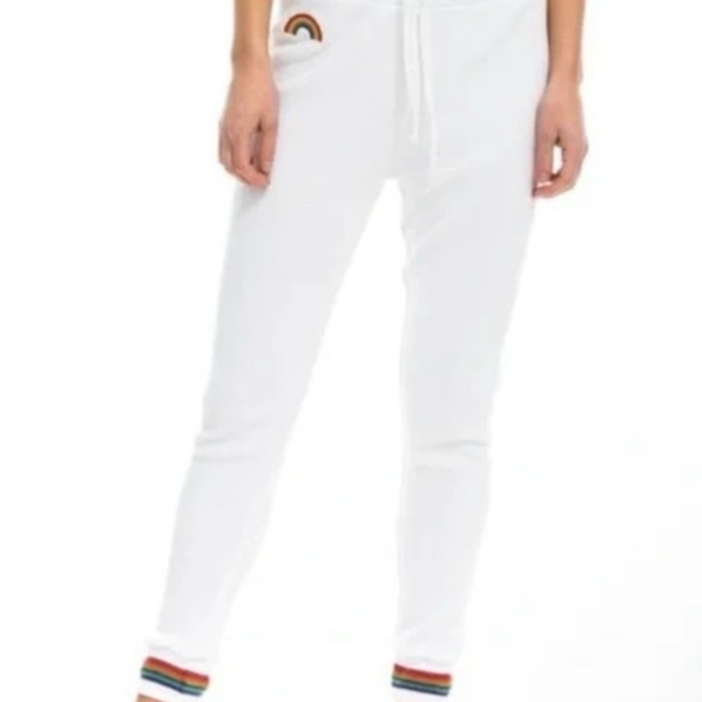 Aviator Nation White Joggers with Rainbow Accents